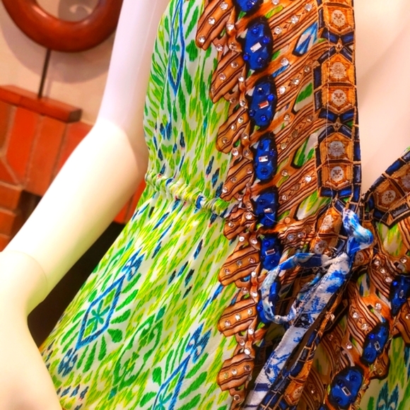 *LAST ONE**MANISH VAID-SILK Geo Prt. Hi-Lo Dress w/Cry.Emb.-NWT-O/S - Picture 5 of 8